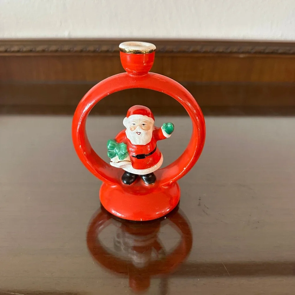 Vintage Ceramic Santa Claus Ring Taper Candle Holder Christmas Figurine Red Gold
